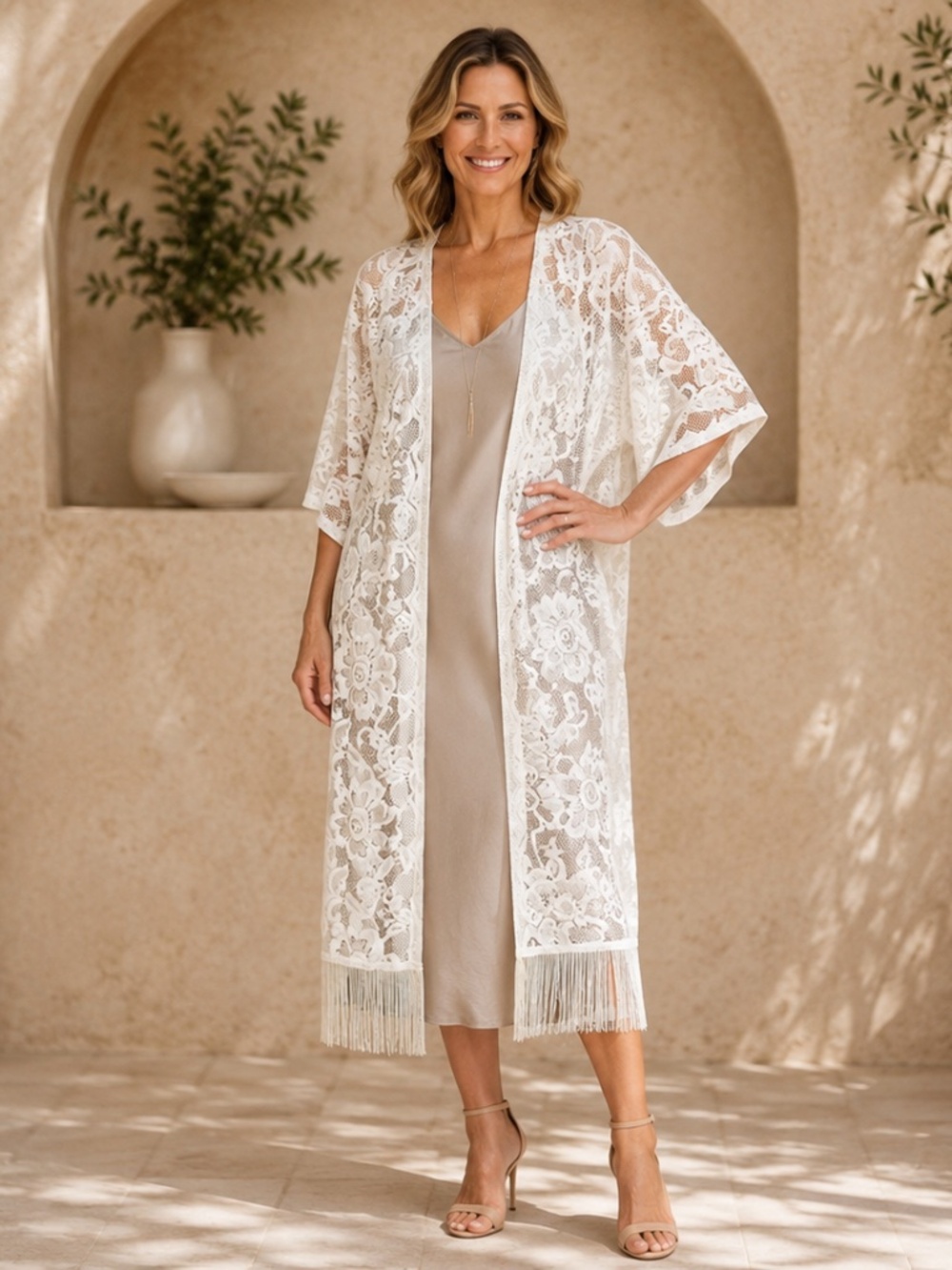 Antthony Originals White Lace Fringe Duster Kimono NWT M/L Bridal Resort